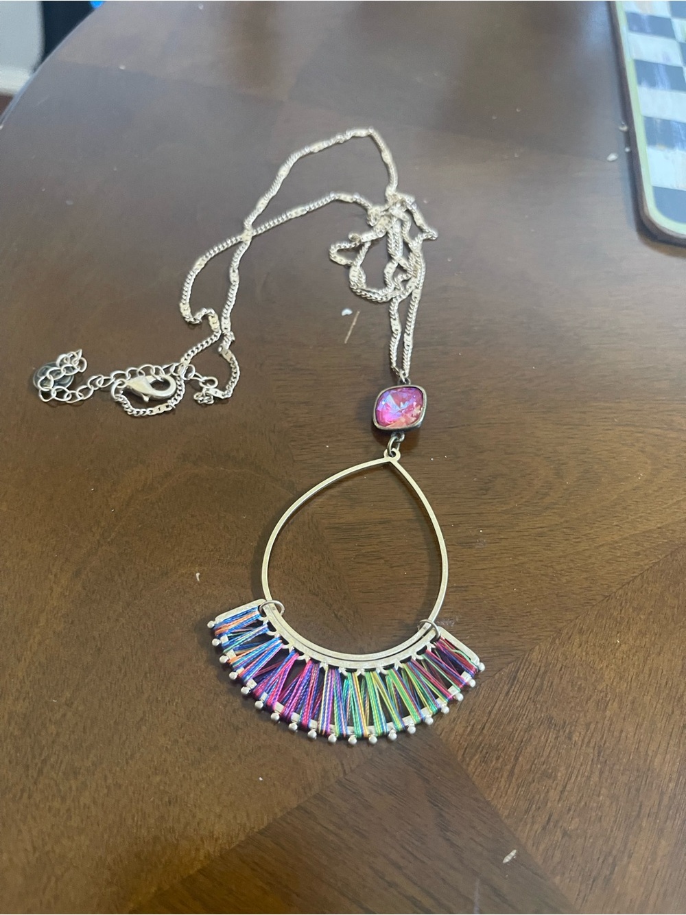Pink Panache Teardrop Pendant Necklace with Multicolor Thread Fringe